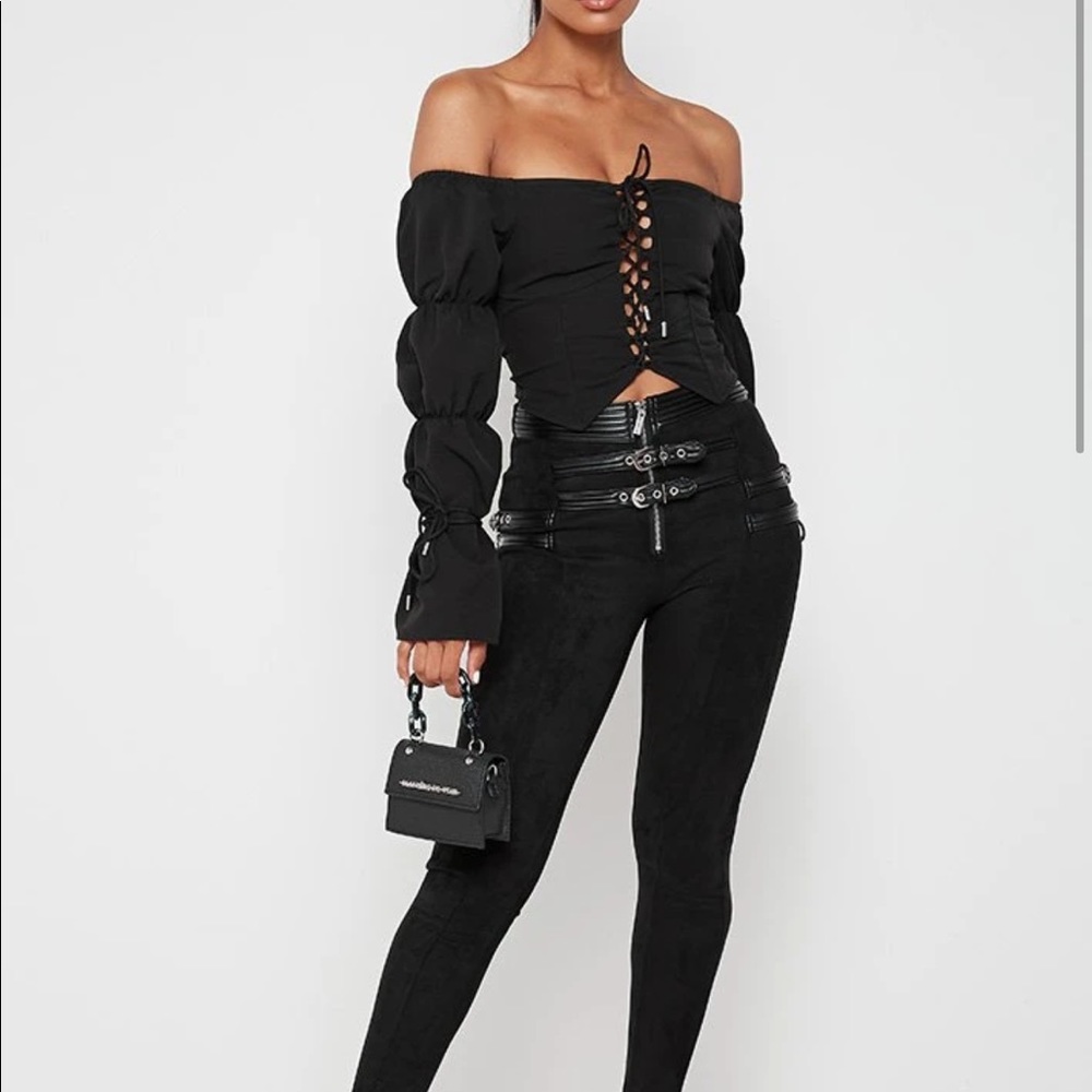 Manière de Voir Lace Up Puff Sleeve Top Black